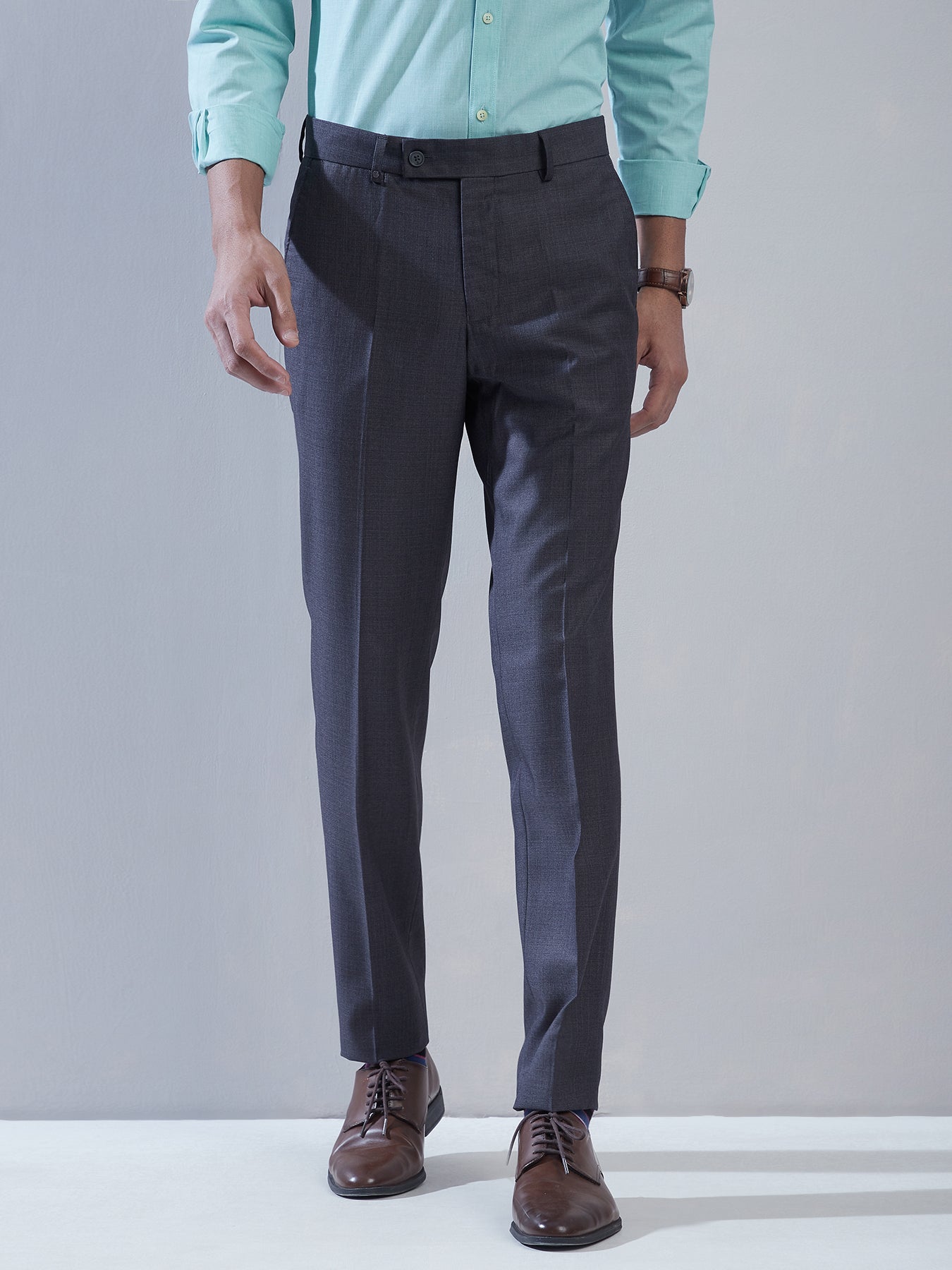 Buy WES Formals Solid Charcoal Slim Fit Trousers from Westside